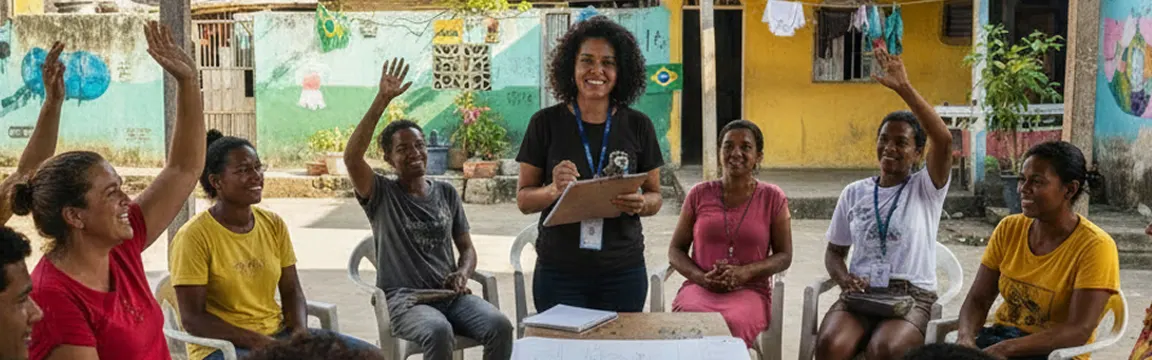 Reunião comunitária ao ar livre com moradoras participando